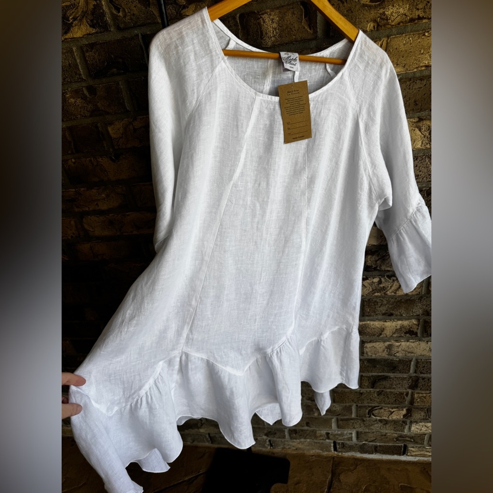 Match Point La Fixsun 100% Linen White Ruffle Hem Tunic Top L Lagenlook Made USA - Picture 5 of 11